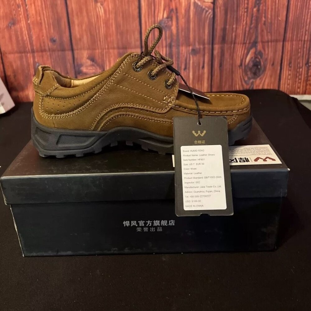HUMG FENG Khaki‎ Leather Shoes US 7 EUR 39 Mens Casual Outdoor Footwear